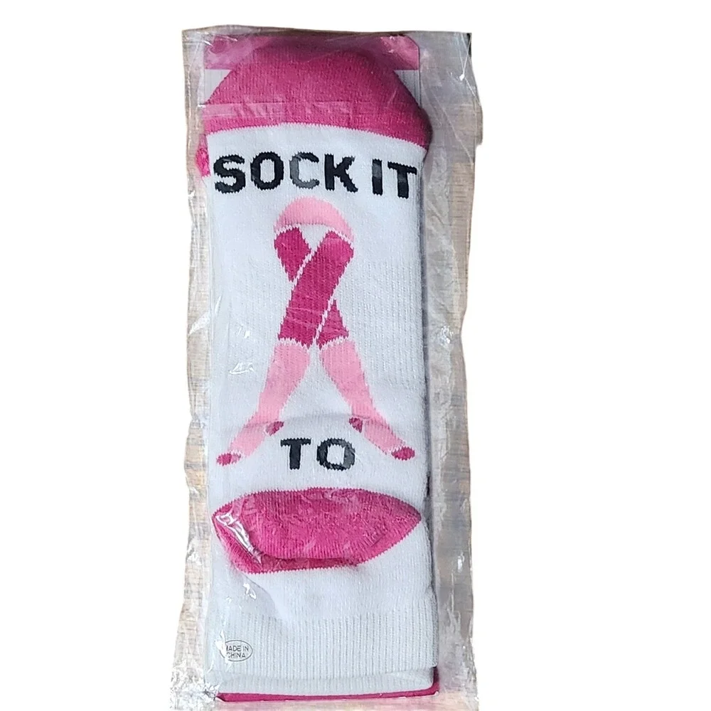 Sock It To Breast Cancer Pink Ribbon Awareness Crew Socks White Pink New